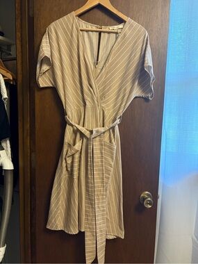Andree Taupe and White Striped Midi Wrap Dress
